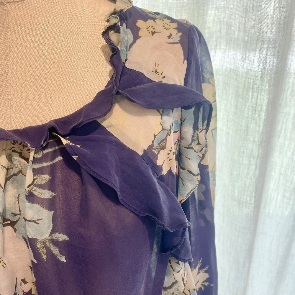 Anthropologie Leifsdottir Womens Silk Floral Blue Romantic Sheer Ruffle 4 Small - Picture 2 of 8